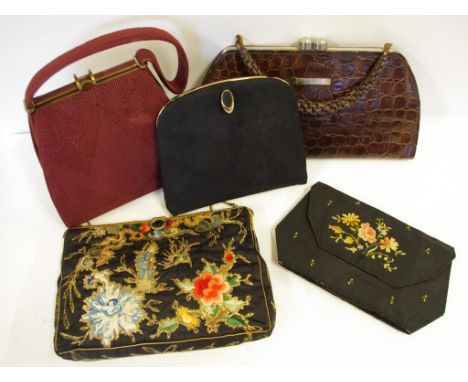 Five good vintage evening bags including 2 embroidered, 1 crocodile, Corde & Oroton