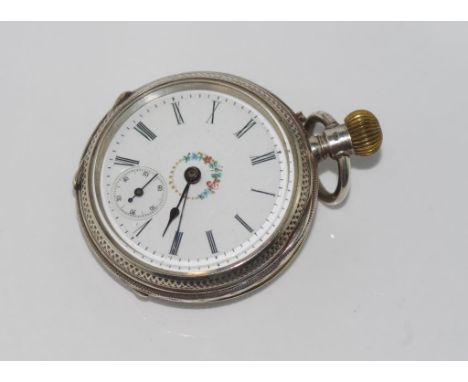 Silver (800) ladies pocket watch marked 800/1000, with enamel dial, a centre circle of flowers and a second hand, case made b