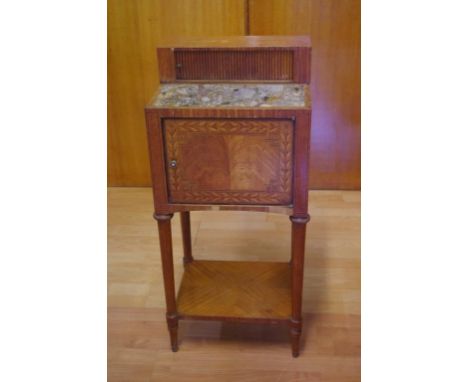 French art deco marble top nightstand with sliding door above a hinged door and open shelf, 39.5cm wide, 32cm deep, 88cm high