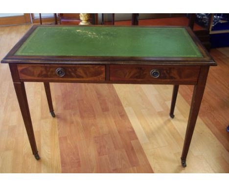 Sheraton style mahogany writing desk rectangular top with moulded edge inset with green leather top, above two drawers, raise