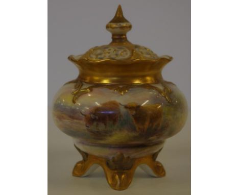 Royal Worcester pot pouri vase handpainted with highland cattle, signed H. Stinton, 11cm high approx.