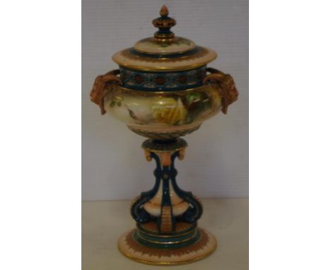 Hadley's Worcester lidded chalice vase with handpainted floral and figural decoration, H25cm approx