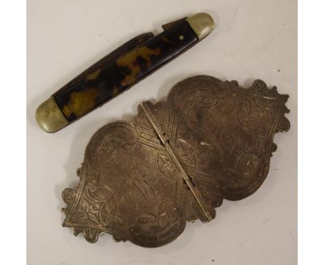 Sterling silver buckle hallmarked Birmingham 1899,together with a vintage tortoiseshell pen knife