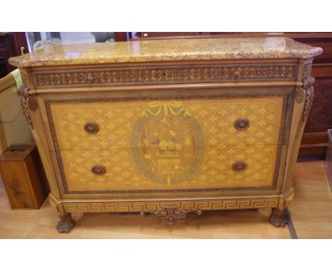 French Jean-Henri Riesener style chest of drawers with marble top, 145.5cm wide, 56.5cm deep, 100cm high