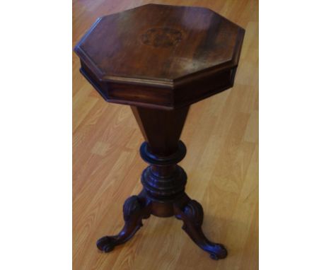 Victorian inlaid walnut sewing/work table of trumpet form on tripod base with lined interior. H73cm, W44cm