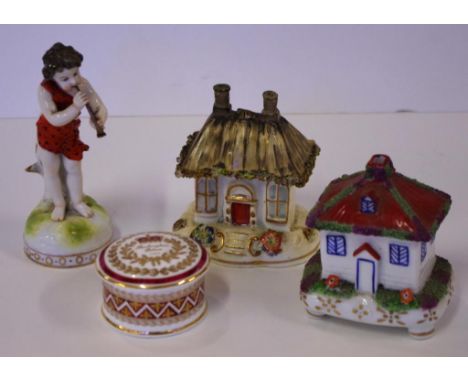 Two antique pastille burners, an antique Naples figure & a trinket box