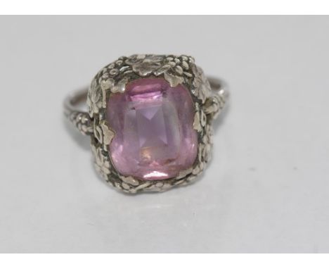 Vintage silver plated amethyst ring with grape vine surround, size: U/10