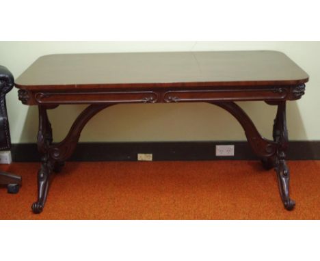 Early Victorian mahogany library table with lyre ends and 2 drawers, 143cm wide, 71.5cm deep, 72cm high