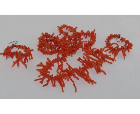 Vintage branch coral necklace & earring set in deep pink to red