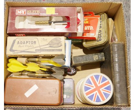 Assorted sets of vintage darts, vintage playing cards, etc (1 box)&nbsp;