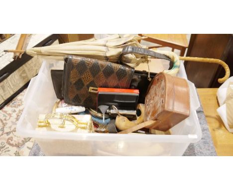 Vintage parasol, assorted lady's handbags, hinged wooden shoe stretchers, etc (1 box)&nbsp;