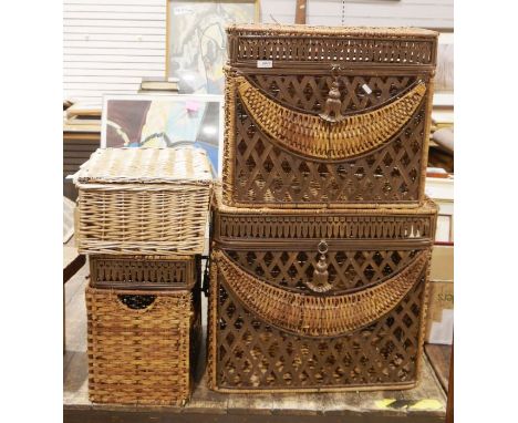 Set of three vintage graduating wicker and pierced metal storage chests&nbsp;and a wicker hamper (4)&nbsp;