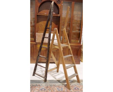 Vintage wooden window cleaning ladder&nbsp;and a stepladder with pail/bucket platform (2)&nbsp;