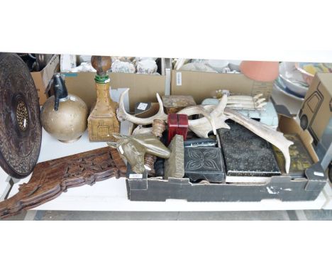 Carved Indian hardwood occasional table, a pair of antlers, a tinplate model&nbsp;of a VW Campervan, assorted metal and tin b