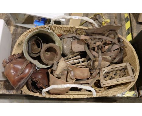 Pair of vintage leather horse lawn boots, two wooden ball finials, a Brady canvas gun slip, vintage tennis racket stretchers,