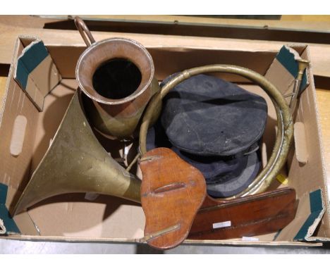 Brass horn, a brass and copper jug, two black peaked caps, a vintage brass-bound mahogany wooden small boat rudder&nbsp;
