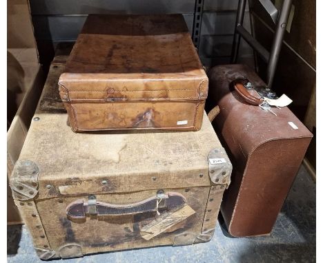Vintage canvas-bound travel trunk, a leather suitcase,&nbsp;a vintage Imperial Good Companion typewriter&nbsp;with case and a