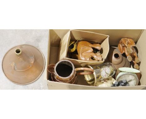 Three vintage Smiths clocks, a copper ceiling light shade&nbsp;stamped 'The Swiftness', another copper ceiling light shade, a