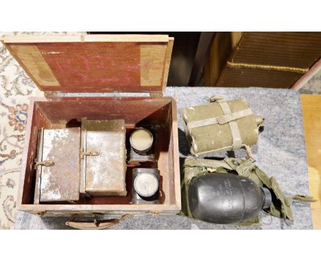 Small quantity of military items to include flasks, tins, two vintage bicycle lights&nbsp;in an Air Ministry astograph wooden