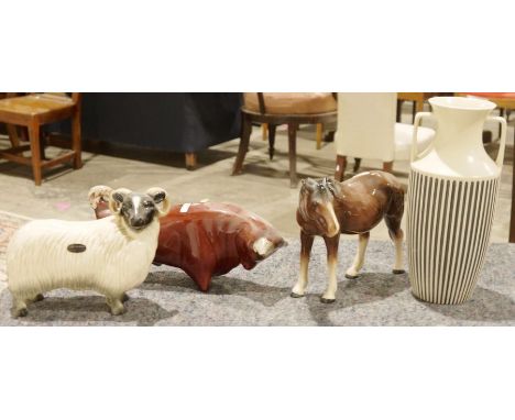 Vintage Hornsea Classic 'Doric' amfora vase, a Coopercraft model&nbsp;of a ram, a Melbaware model&nbsp;of a horse and a styli