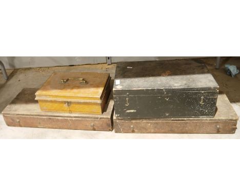 Vintage wooden specimen box, two wooden tool boxes&nbsp;to include tools and a metal cash/storage box (4)&nbsp;