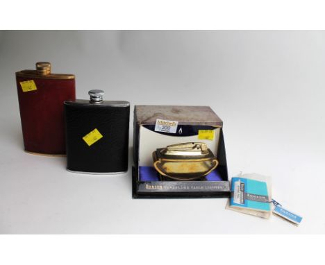 Ronson Vary Flame table lighter in original box and two hip flasks