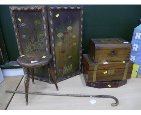 Three wooden boxes, folding wooden panel, footstool and walking stick 