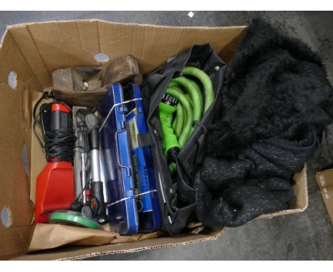 Box of tools including hose parts, files, block plane, wrench set etc 