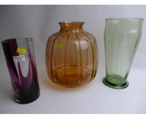 Three coloured Art Glass vases