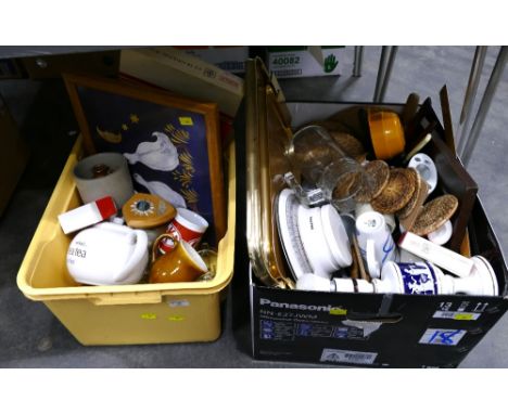 Two boxes of place mats, trays, scales, coasters, china and glassware etc