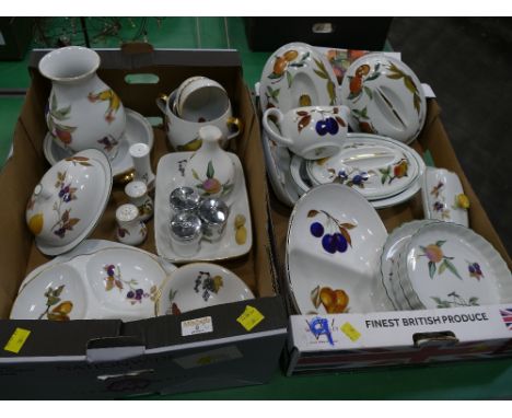 Two boxes of Royal Worcester Evesham pattern dinner ware including lidded vegetable dishes etc