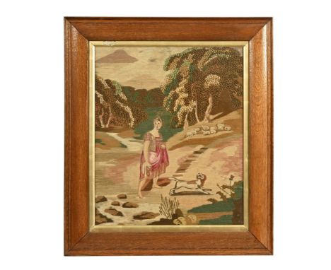 20th century framed tapestry depicting lady and dog in woodland, 63 x 73 cm