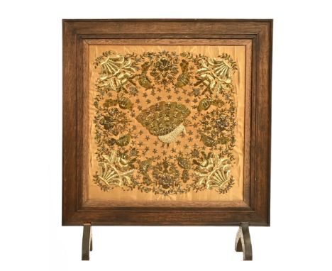 Oak framed firescreen with silk tapestry panel, 74 high x 65 cm wide