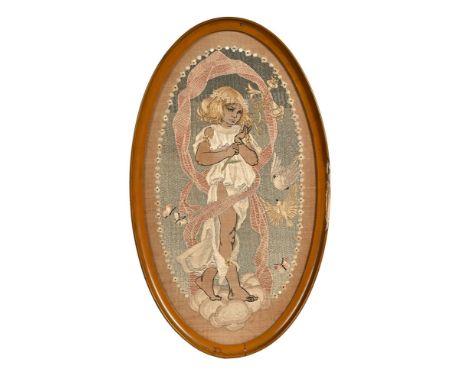 Silk embroidered oval panel depicting girl with doves by Christine Drummond Angus (1877-1920), 53 x 30 cm