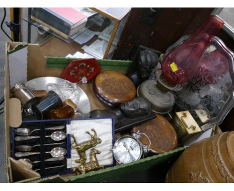 Box of metalware, oil lamp, wooden ornaments, clock etc