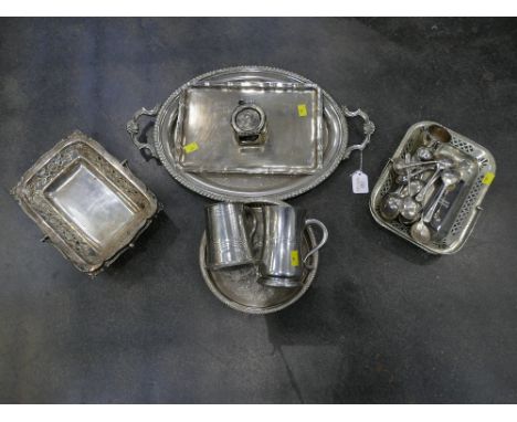 Stainless metal trays, tankards, lighter, cutlery, EPNS etc 