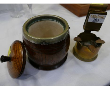 Oak tobacco jar and Souvenir of The Great War brass Trench Art ashtray 1917 