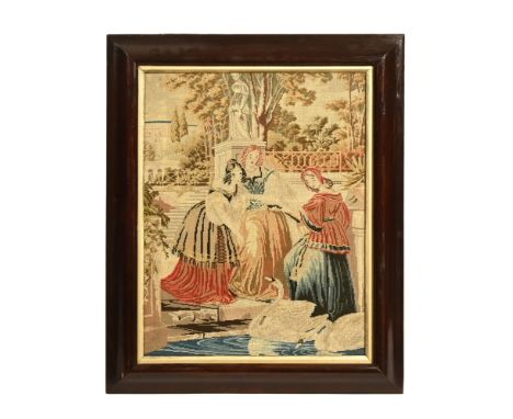 Framed 20th century tapestry depicting ladies feeding swans, 44 cm x 54 cm