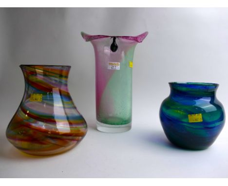 Three pieces of coloured Art Glass, one marked with sticker Hartley Ward