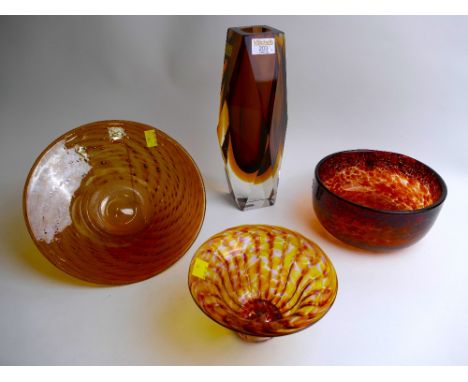 Four orange Art Glass bowls and vase 