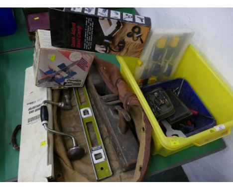 Tools and tool bag including block plane, chisels, joint master, mitre saw etc 