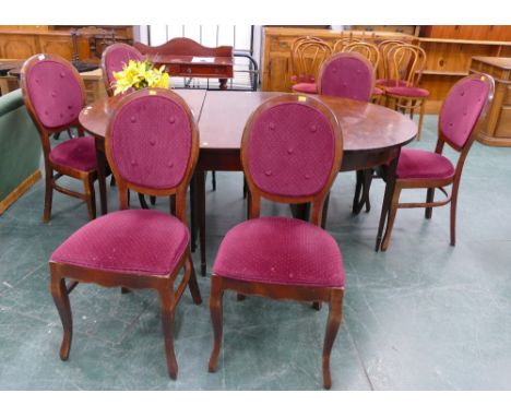 Six red upholstered button backed dining chairs 