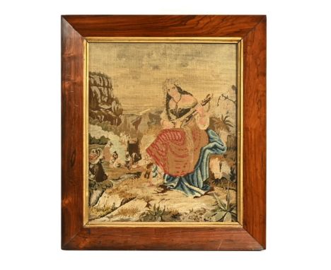 Edwardian tapestry panel depicting an Italian lady in rural landscape, frame 38 cm x 44 cm