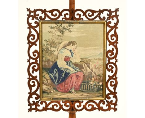 19th century rosewood pole firescreen with tapestry panel, 172 cm high