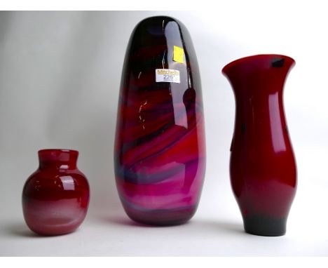 Two coloured Art Glass vases and red Caithness vase 