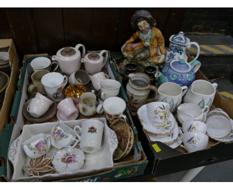 Two boxes of Poole pottery part coffee set, Colclough part tea set, decorative teapot, figurine etc