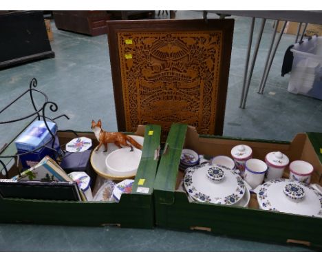 Two boxes of china, tureens, mixing bowls, books, ornaments and fretwork panel 