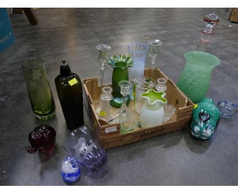 Two boxes of Art Glass vases and glassware 