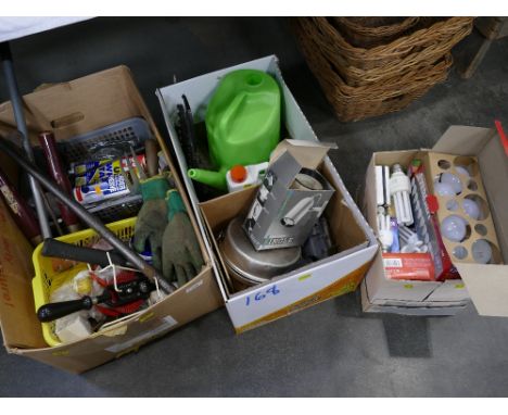 Two boxes of tools, gardening equipment, light bulbs, light fittings etc  