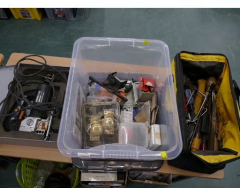 Box and bag of tools, including AEG jigsaw, files, spanners, clamps etc